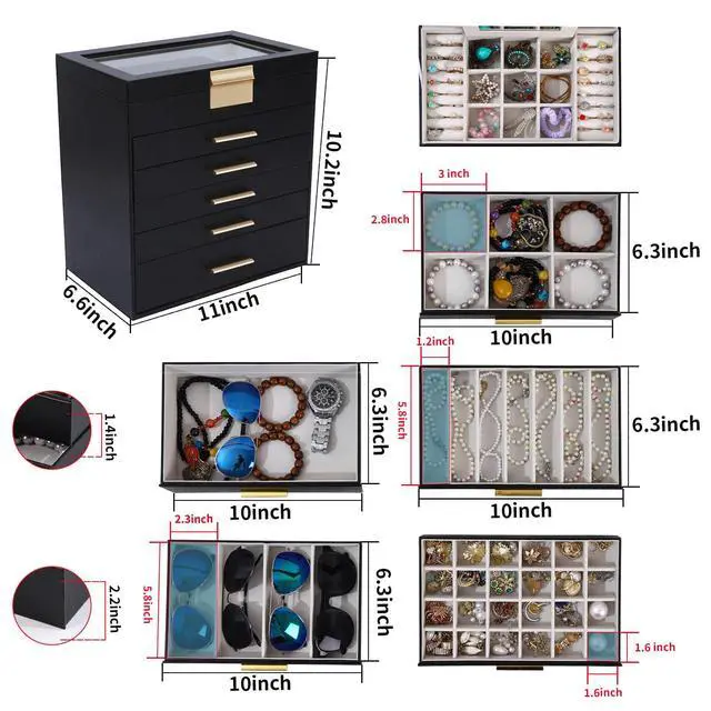 Alt view image 5 of 7 - Jewelry Boxes for Women, White and Black 6 Layer Large Jewelry Box for Necklace, Bracelet, Earrings, Rings Storage, Jewelry holder Organizer for Girls Gift (Clear Black, 6 layer)