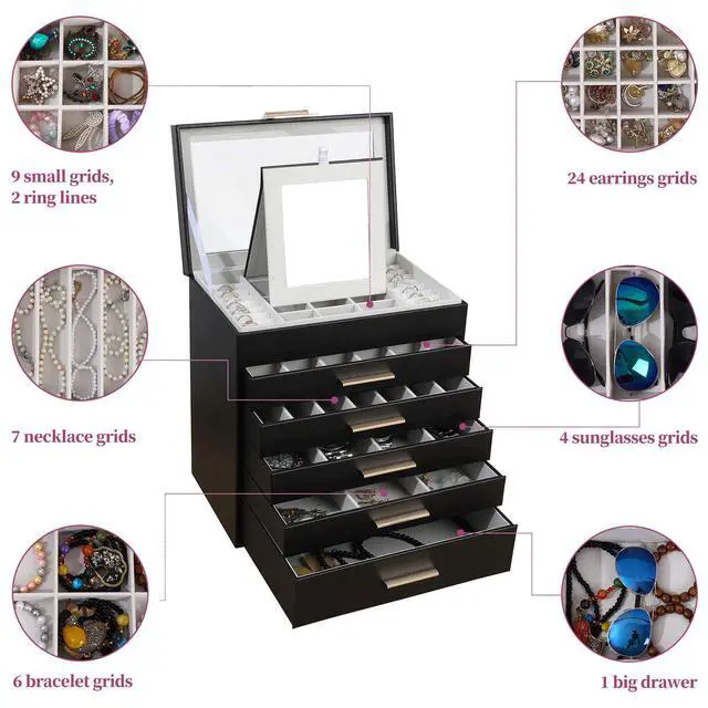 Alt view image 3 of 7 - Jewelry Boxes for Women, White and Black 6 Layer Large Jewelry Box for Necklace, Bracelet, Earrings, Rings Storage, Jewelry holder Organizer for Girls Gift (Clear Black, 6 layer)