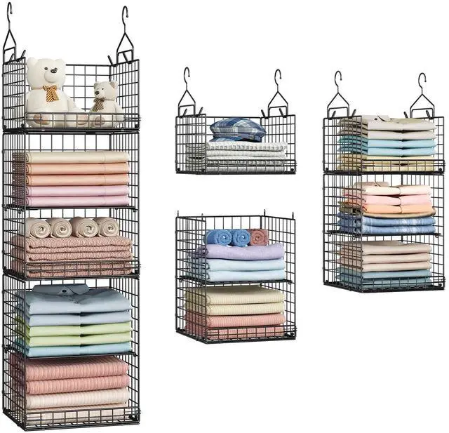 Main image of 5 Tier Closet Hanging Organizer and Storage Separable Hanging Closet Shelves with 4 Hooks 2 Adjustable Dividers, Wire Storage Basket Bins for Clothing Sweaters Socks Dolls Handbags, Foldable