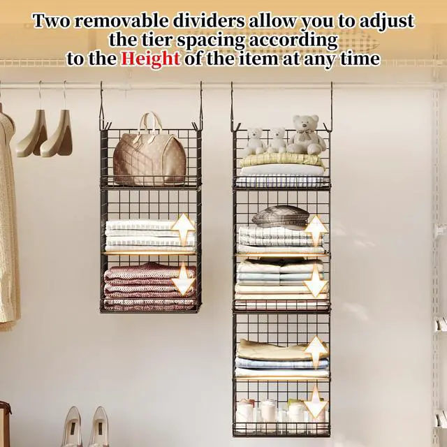 Alt view image 2 of 7 - 5 Tier Closet Hanging Organizer and Storage Separable Hanging Closet Shelves with 4 Hooks 2 Adjustable Dividers, Wire Storage Basket Bins for Clothing Sweaters Socks Dolls Handbags, Foldable