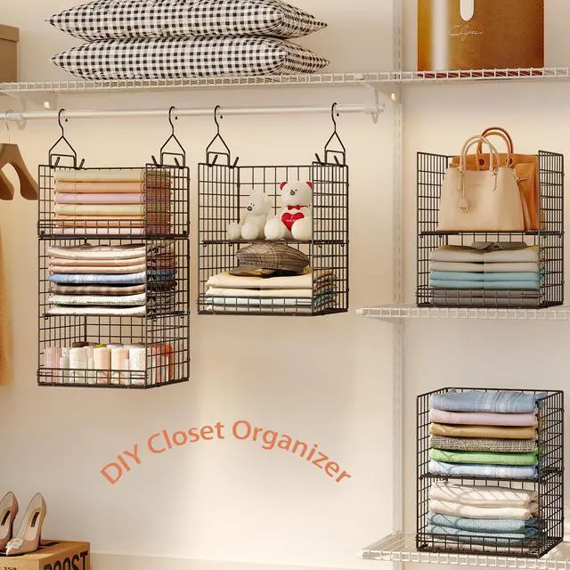 Alt view image 3 of 7 - 5 Tier Closet Hanging Organizer and Storage Separable Hanging Closet Shelves with 4 Hooks 2 Adjustable Dividers, Wire Storage Basket Bins for Clothing Sweaters Socks Dolls Handbags, Foldable