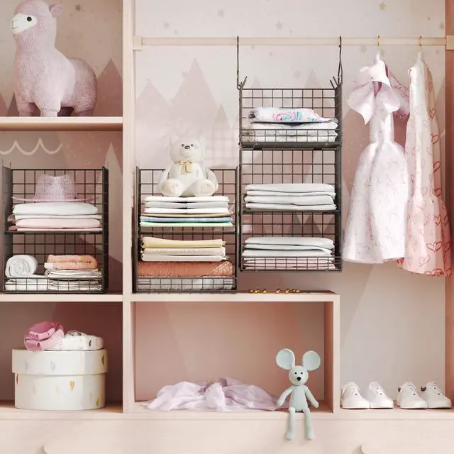 Alt view image 4 of 7 - 5 Tier Closet Hanging Organizer and Storage Separable Hanging Closet Shelves with 4 Hooks 2 Adjustable Dividers, Wire Storage Basket Bins for Clothing Sweaters Socks Dolls Handbags, Foldable