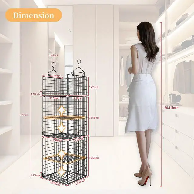 Alt view image 5 of 7 - 5 Tier Closet Hanging Organizer and Storage Separable Hanging Closet Shelves with 4 Hooks 2 Adjustable Dividers, Wire Storage Basket Bins for Clothing Sweaters Socks Dolls Handbags, Foldable