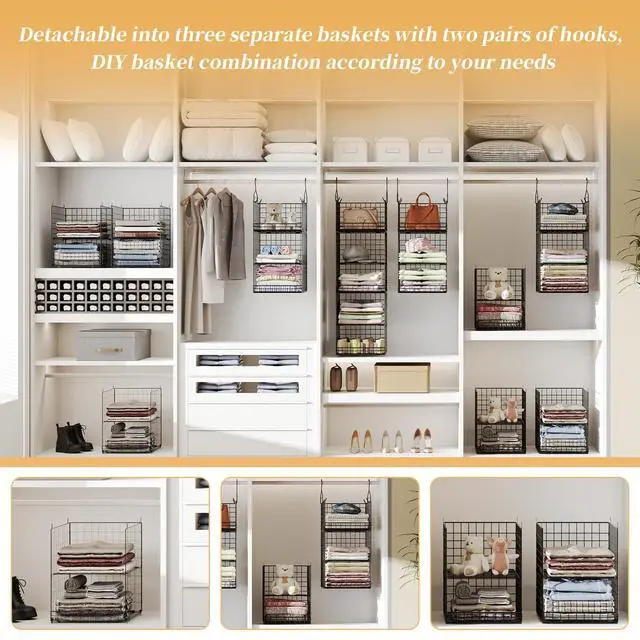 Alt view image 6 of 7 - 5 Tier Closet Hanging Organizer and Storage Separable Hanging Closet Shelves with 4 Hooks 2 Adjustable Dividers, Wire Storage Basket Bins for Clothing Sweaters Socks Dolls Handbags, Foldable