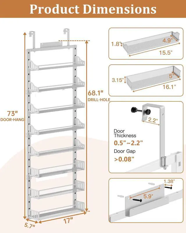 Alt view image 7 of 7 - Over the Door Pantry Organizer 8-Tier, Large Metal Door Spice Rack with Adjustable Basket, 2 in 1 Wall Mount or Hanging Heavy-Duty Pantry Door Storage Shelf for Kitchen and Bathroom, White