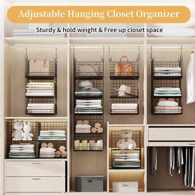 Alt view image 7 of 7 - 5 Tier Closet Hanging Organizer and Storage Separable Hanging Closet Shelves with 4 Hooks 2 Adjustable Dividers, Wire Storage Basket Bins for Clothing Sweaters Socks Dolls Handbags, Foldable