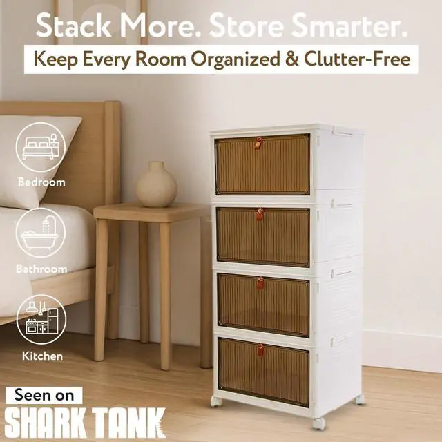 Alt view image 2 of 7 - Quik Box Sport 4-Tier Stackable Storage Organizer - 24 Gallon Capacity Collapsible Bins with Magnetic Doors, Space-Saving Vertical Storage for Bedroom, Closet, Dorm Organization