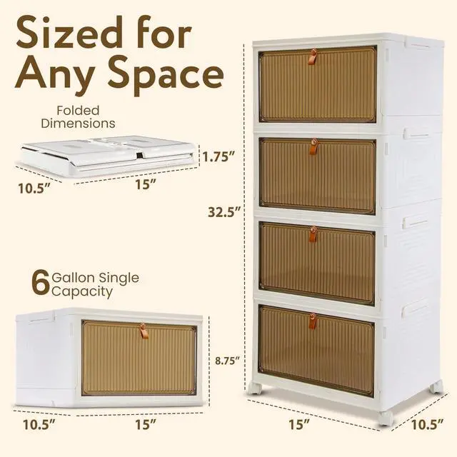 Alt view image 4 of 7 - Quik Box Sport 4-Tier Stackable Storage Organizer - 24 Gallon Capacity Collapsible Bins with Magnetic Doors, Space-Saving Vertical Storage for Bedroom, Closet, Dorm Organization