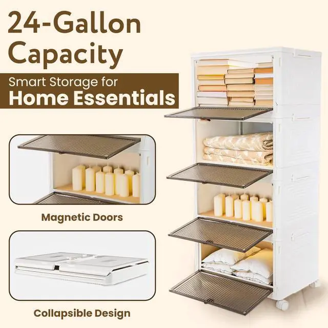 Alt view image 6 of 7 - Quik Box Sport 4-Tier Stackable Storage Organizer - 24 Gallon Capacity Collapsible Bins with Magnetic Doors, Space-Saving Vertical Storage for Bedroom, Closet, Dorm Organization