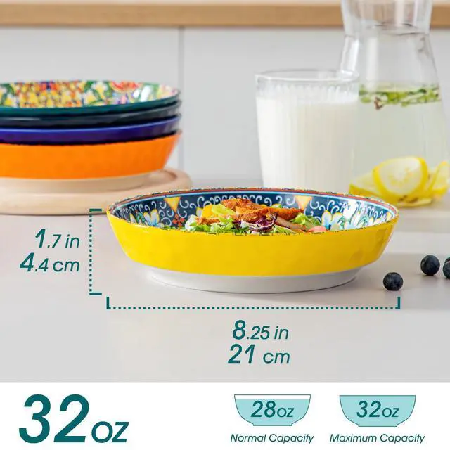 Alt view image 2 of 7 - 32 Oz Pasta Bowls Sets of 6, Ceramic Large Colorful Salad Serving Bowls for Kitchen, Dishwasher & Microwave Safe, Soup Pasta Plates