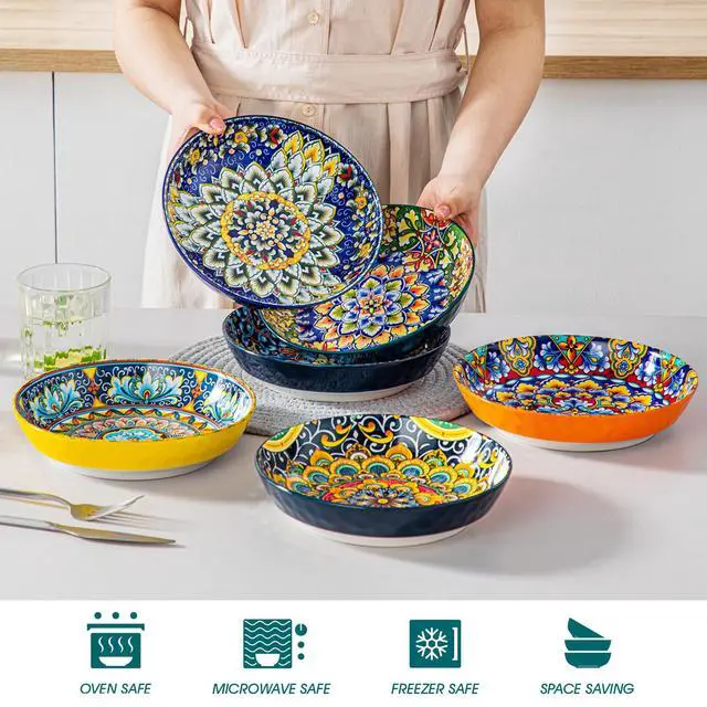 Alt view image 3 of 7 - 32 Oz Pasta Bowls Sets of 6, Ceramic Large Colorful Salad Serving Bowls for Kitchen, Dishwasher & Microwave Safe, Soup Pasta Plates