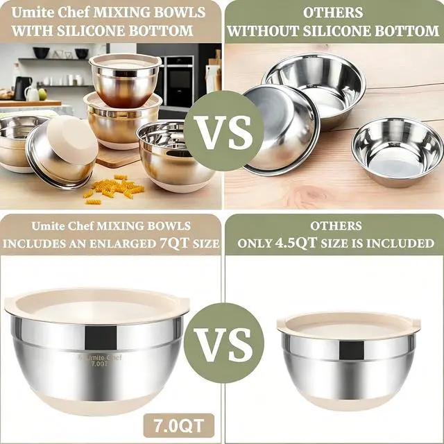 Alt view image 2 of 5 - Mixing Bowls with Airtight Lids, 6 piece Stainless Steel Metal Nesting Storage Bowls, Non-Slip Bottoms Size 7, 3.5, 2.5, 2.0,1.5, 1QT, Great for Mixing & Serving (Khaki)