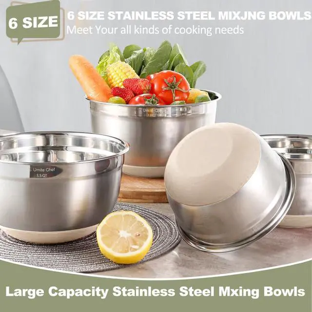 Alt view image 4 of 5 - Mixing Bowls with Airtight Lids, 6 piece Stainless Steel Metal Nesting Storage Bowls, Non-Slip Bottoms Size 7, 3.5, 2.5, 2.0,1.5, 1QT, Great for Mixing & Serving (Khaki)