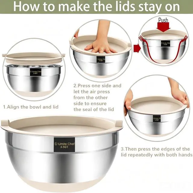 Alt view image 5 of 5 - Mixing Bowls with Airtight Lids, 6 piece Stainless Steel Metal Nesting Storage Bowls, Non-Slip Bottoms Size 7, 3.5, 2.5, 2.0,1.5, 1QT, Great for Mixing & Serving (Khaki)