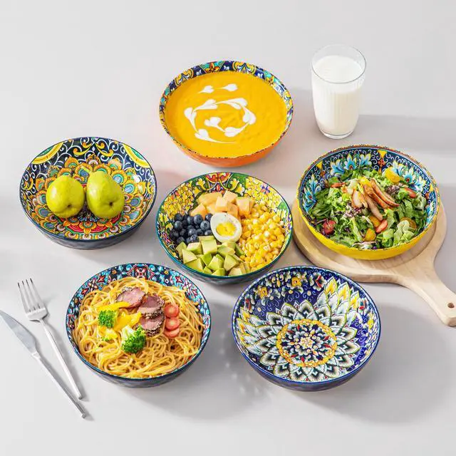 Alt view image 6 of 7 - 32 Oz Pasta Bowls Sets of 6, Ceramic Large Colorful Salad Serving Bowls for Kitchen, Dishwasher & Microwave Safe, Soup Pasta Plates