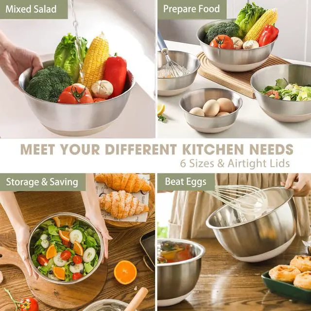 Alt view image 3 of 5 - Mixing Bowls with Airtight Lids, 6 piece Stainless Steel Metal Nesting Storage Bowls, Non-Slip Bottoms Size 7, 3.5, 2.5, 2.0,1.5, 1QT, Great for Mixing & Serving (Khaki)