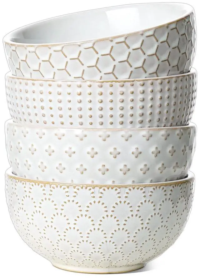 Main image of Cereal bowls 26 oz, Ceramic Soup Bowl for Kitchen, Embossment Stoneware Bowl for Pho, Chip, Fruits, Salad, Noodle, Ramen, Suit For Housewarming - 6 Inch, Set of 4, Arctic white
