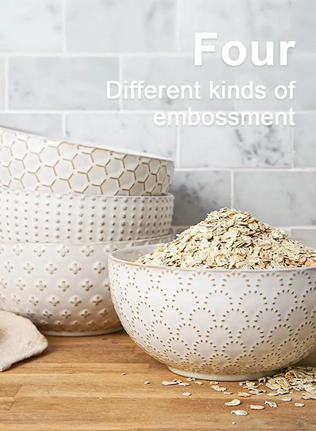 Alt view image 2 of 7 - Cereal bowls 26 oz, Ceramic Soup Bowl for Kitchen, Embossment Stoneware Bowl for Pho, Chip, Fruits, Salad, Noodle, Ramen, Suit For Housewarming - 6 Inch, Set of 4, Arctic white