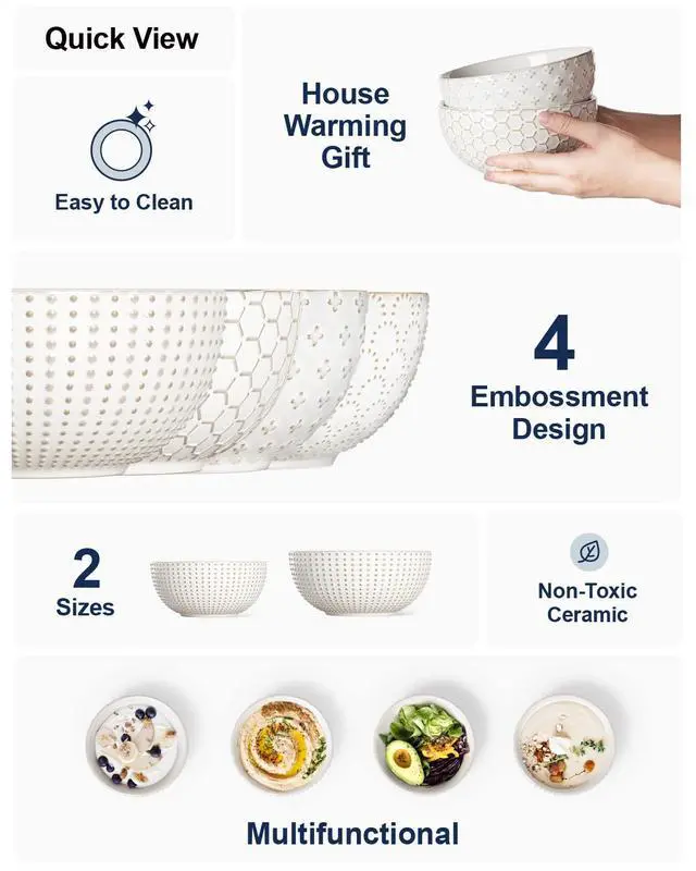 Alt view image 4 of 7 - Cereal bowls 26 oz, Ceramic Soup Bowl for Kitchen, Embossment Stoneware Bowl for Pho, Chip, Fruits, Salad, Noodle, Ramen, Suit For Housewarming - 6 Inch, Set of 4, Arctic white