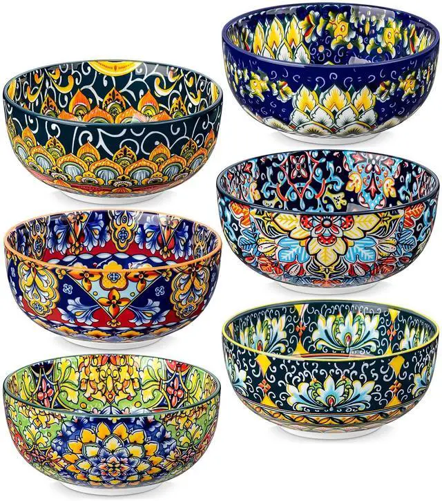 Main image of Cereal Bowls Set of 6, Bohemian Ceramic Soup Bowls, 28 oz Colorful Bowls Set for Kitchen, Dishwasher & Microwave Safe for Salad, Pasta, Rice, Oatmeal, Fruit