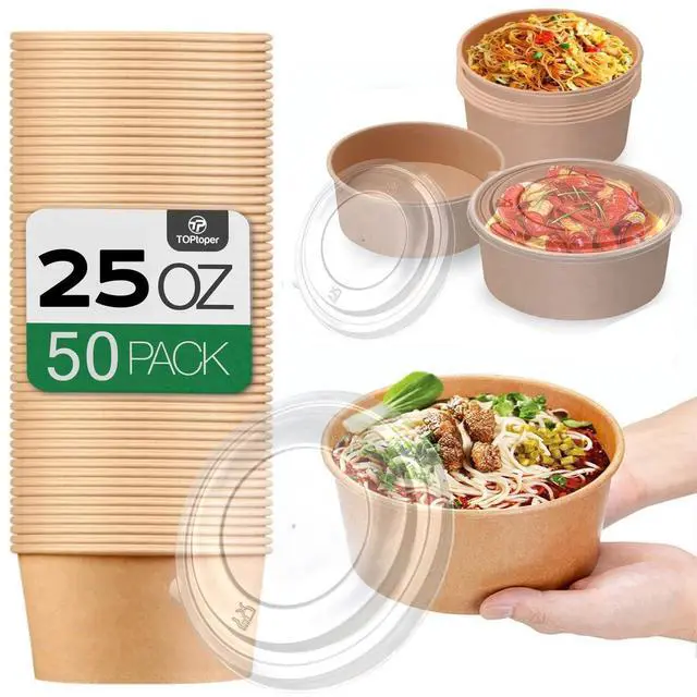 Main image of 50 Pack 25 Oz Large Paper Bowls with Lids, Disposable Soup Serving Bowls Bulk Party Supplies for Hot/Cold Food, Soup (25 OZ)