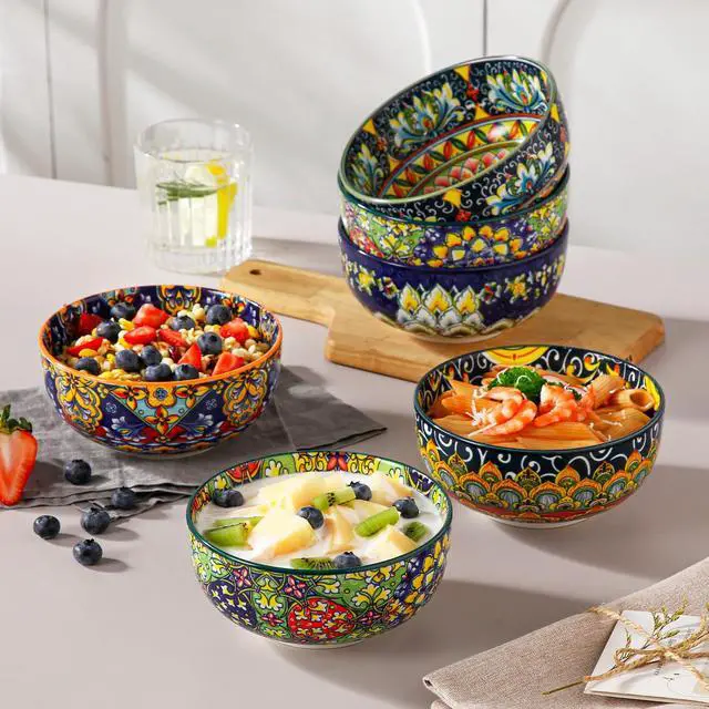 Alt view image 5 of 7 - Cereal Bowls Set of 6, Bohemian Ceramic Soup Bowls, 28 oz Colorful Bowls Set for Kitchen, Dishwasher & Microwave Safe for Salad, Pasta, Rice, Oatmeal, Fruit