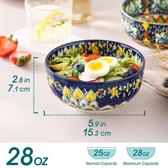 Alt view image 2 of 7 - Cereal Bowls Set of 6, Bohemian Ceramic Soup Bowls, 28 oz Colorful Bowls Set for Kitchen, Dishwasher & Microwave Safe for Salad, Pasta, Rice, Oatmeal, Fruit