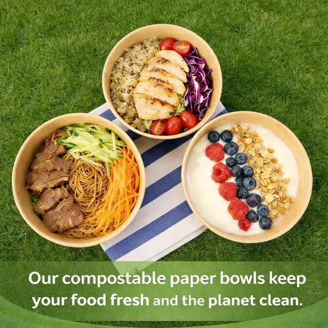 Alt view image 5 of 7 - 50 Pack 25 Oz Large Paper Bowls with Lids, Disposable Soup Serving Bowls Bulk Party Supplies for Hot/Cold Food, Soup (25 OZ)