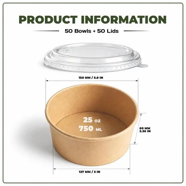 Alt view image 2 of 7 - 50 Pack 25 Oz Large Paper Bowls with Lids, Disposable Soup Serving Bowls Bulk Party Supplies for Hot/Cold Food, Soup (25 OZ)