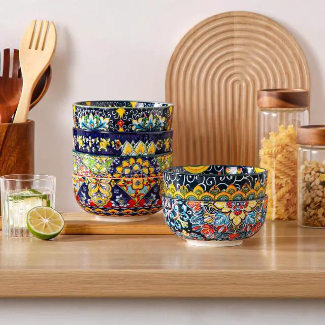 Alt view image 4 of 7 - Cereal Bowls Set of 6, Bohemian Ceramic Soup Bowls, 28 oz Colorful Bowls Set for Kitchen, Dishwasher & Microwave Safe for Salad, Pasta, Rice, Oatmeal, Fruit