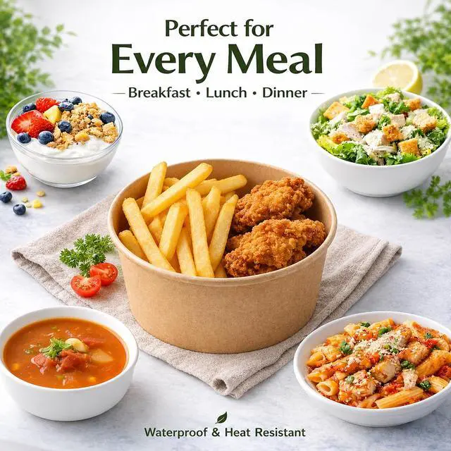 Alt view image 6 of 7 - 50 Pack 25 Oz Large Paper Bowls with Lids, Disposable Soup Serving Bowls Bulk Party Supplies for Hot/Cold Food, Soup (25 OZ)