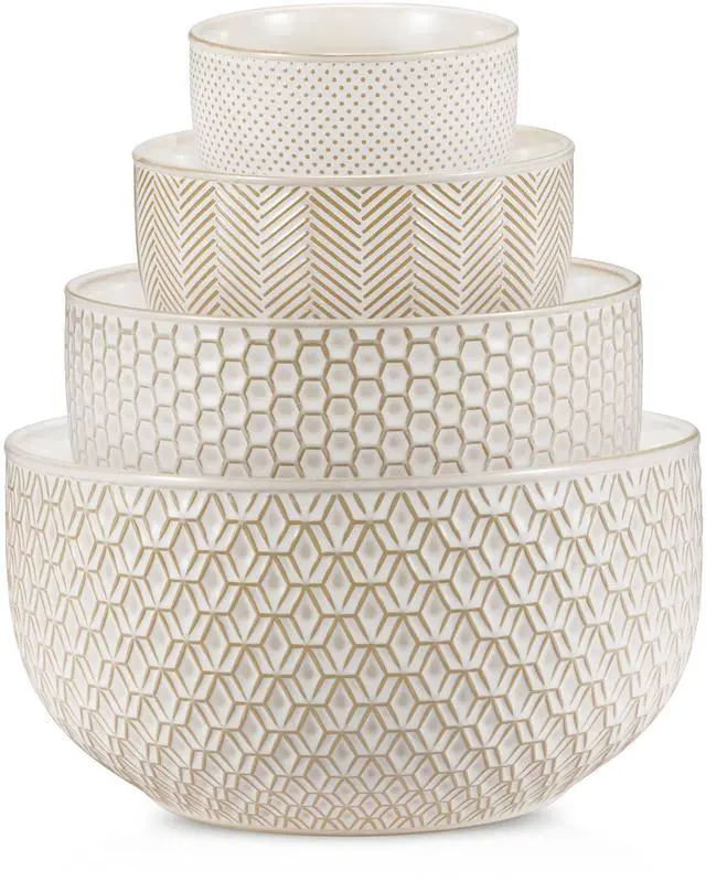 Main image of Ceramic Mixing Bowls, Nesting Set of 4, Embossed Kitchen Dishware, Prep, Serving, Gift, Microwave and Dishwasher Safe, 20/44/98/145 oz, Narbonne Collection (Ivory)