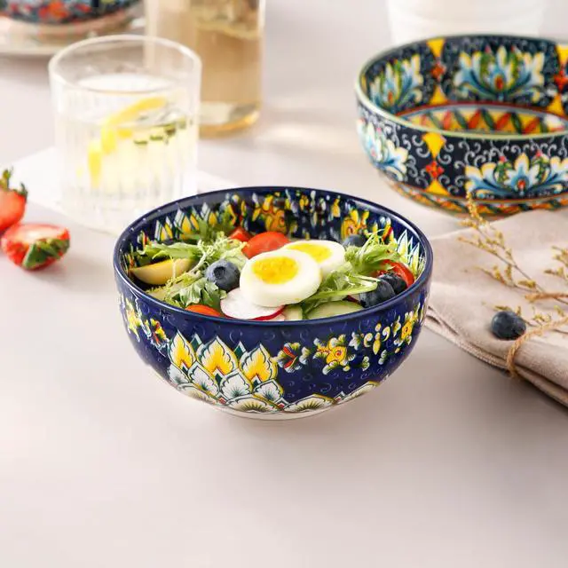 Alt view image 7 of 7 - Cereal Bowls Set of 6, Bohemian Ceramic Soup Bowls, 28 oz Colorful Bowls Set for Kitchen, Dishwasher & Microwave Safe for Salad, Pasta, Rice, Oatmeal, Fruit