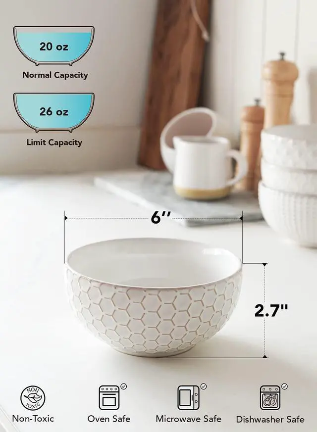 Alt view image 5 of 7 - Cereal bowls 26 oz, Ceramic Soup Bowl for Kitchen, Embossment Stoneware Bowl for Pho, Chip, Fruits, Salad, Noodle, Ramen, Suit For Housewarming - 6 Inch, Set of 4, Arctic white