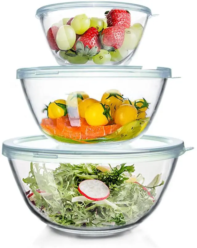 Main image of Glass Mixing Bowls Glass Bowls with Lids Set(4.5QT,2.7QT, 1.1QT),Large Salad Bowls,glass mixing bowl Space-Saving Nesting Storage bowls for Cooking,Baking,Prepping,Dishwasher Safe