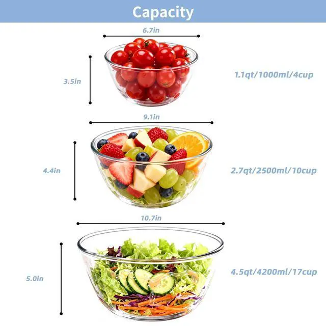 Alt view image 2 of 7 - Glass Mixing Bowls Glass Bowls with Lids Set(4.5QT,2.7QT, 1.1QT),Large Salad Bowls,glass mixing bowl Space-Saving Nesting Storage bowls for Cooking,Baking,Prepping,Dishwasher Safe