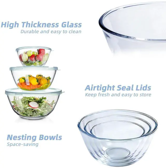 Alt view image 3 of 7 - Glass Mixing Bowls Glass Bowls with Lids Set(4.5QT,2.7QT, 1.1QT),Large Salad Bowls,glass mixing bowl Space-Saving Nesting Storage bowls for Cooking,Baking,Prepping,Dishwasher Safe