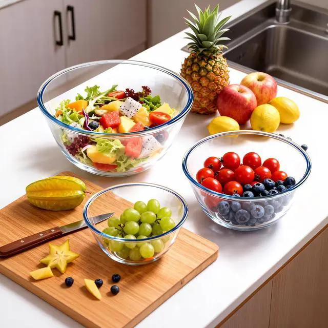 Alt view image 7 of 7 - Glass Mixing Bowls Glass Bowls with Lids Set(4.5QT,2.7QT, 1.1QT),Large Salad Bowls,glass mixing bowl Space-Saving Nesting Storage bowls for Cooking,Baking,Prepping,Dishwasher Safe