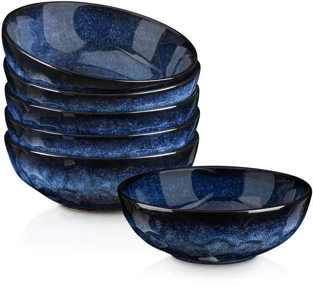 Main image of Ceramic Salad Bowls Set for Kitchen, Serving - 32 Ounce Soup Bowls, Pasta Bowls, Chip Resistant, Dishwasher Microwave Safe, Large, Fluted, stoneware, Set of 6 (Blue)