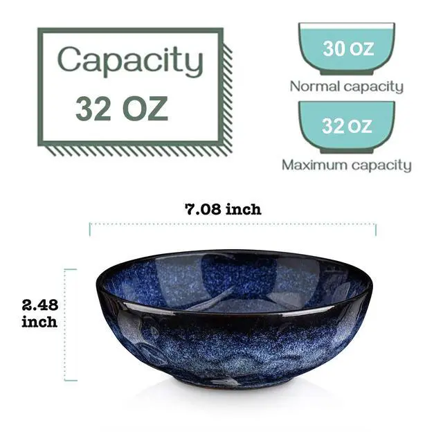 Alt view image 2 of 6 - Ceramic Salad Bowls Set for Kitchen, Serving - 32 Ounce Soup Bowls, Pasta Bowls, Chip Resistant, Dishwasher Microwave Safe, Large, Fluted, stoneware, Set of 6 (Blue)