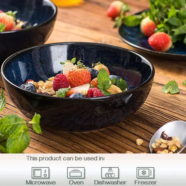 Alt view image 4 of 6 - Ceramic Salad Bowls Set for Kitchen, Serving - 32 Ounce Soup Bowls, Pasta Bowls, Chip Resistant, Dishwasher Microwave Safe, Large, Fluted, stoneware, Set of 6 (Blue)