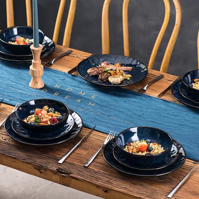 Alt view image 5 of 6 - Ceramic Salad Bowls Set for Kitchen, Serving - 32 Ounce Soup Bowls, Pasta Bowls, Chip Resistant, Dishwasher Microwave Safe, Large, Fluted, stoneware, Set of 6 (Blue)