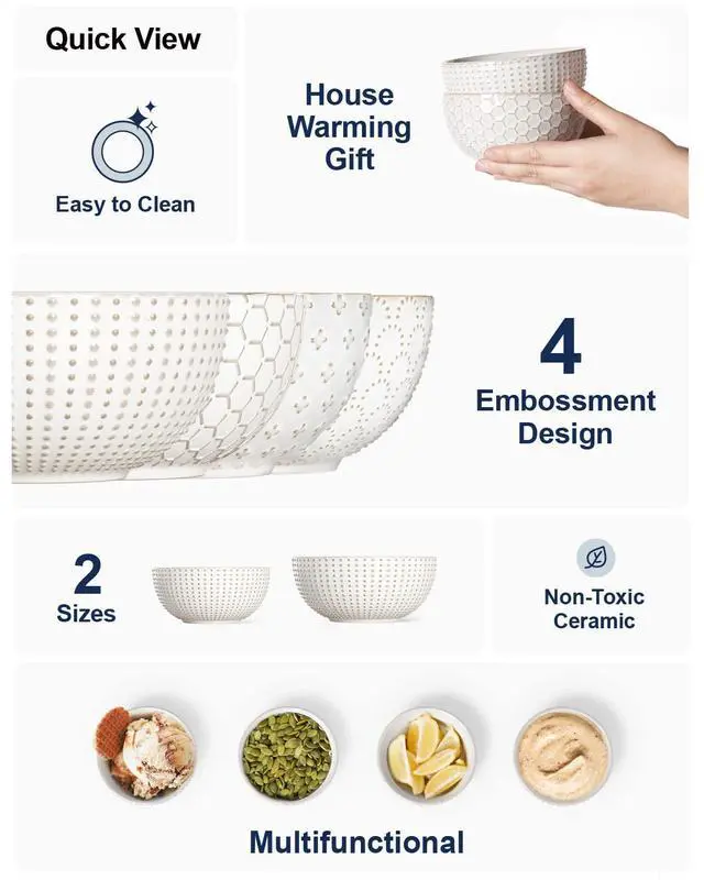 Alt view image 3 of 7 - Small Bowls 12 OZ, Ice Cream Bowl, Ceramic Embossment Stoneware Bowl, Bowls Set for Dessert, Fruits, Side Dishes, Suit For Housewarming - 4.5 Inch, Set of 4, Arctic white