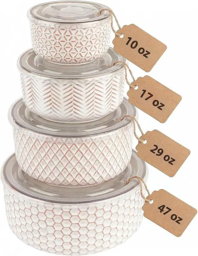 Main image of Serving Bowls, with Lids, Ceramic Nesting Bowls, Set of 4, Embossed, Kitchen, Prep, Stackable, Gift, Microwave and Dishwasher Safe, 10/16/29/47 oz, Narbonne Collection (Ivory)