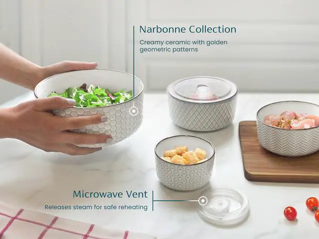 Alt view image 3 of 7 - Serving Bowls, with Lids, Ceramic Nesting Bowls, Set of 4, Embossed, Kitchen, Prep, Stackable, Gift, Microwave and Dishwasher Safe, 10/16/29/47 oz, Narbonne Collection (Ivory)