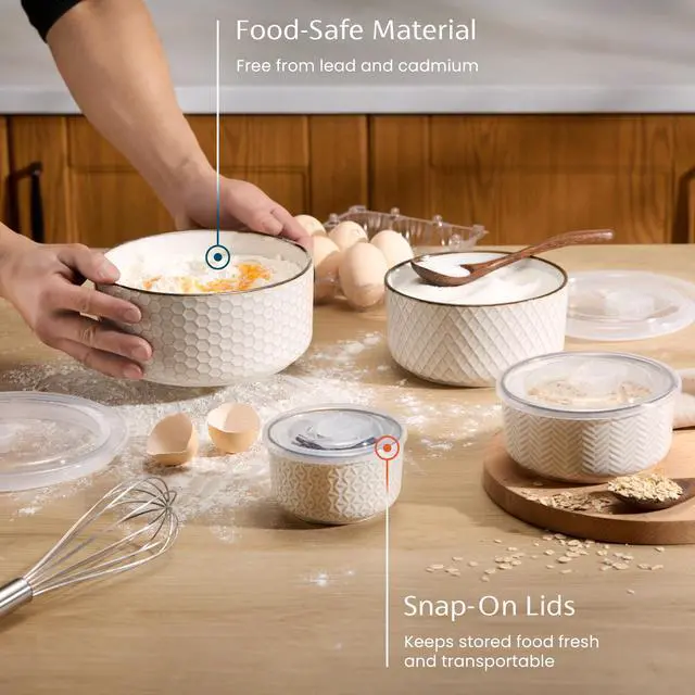 Alt view image 2 of 7 - Serving Bowls, with Lids, Ceramic Nesting Bowls, Set of 4, Embossed, Kitchen, Prep, Stackable, Gift, Microwave and Dishwasher Safe, 10/16/29/47 oz, Narbonne Collection (Ivory)