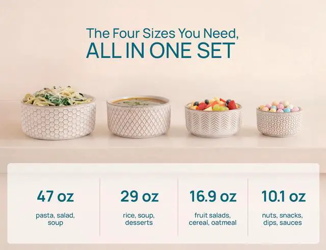 Alt view image 4 of 7 - Serving Bowls, with Lids, Ceramic Nesting Bowls, Set of 4, Embossed, Kitchen, Prep, Stackable, Gift, Microwave and Dishwasher Safe, 10/16/29/47 oz, Narbonne Collection (Ivory)