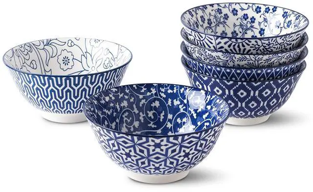 Main image of Blue and White Porcelain 20oz Cereal Bowl Set - Set of 6, 6 inch Soup Bowls, Ceramic bowls for Cereal, Soup, Salad and Pasta, Vintage Blue