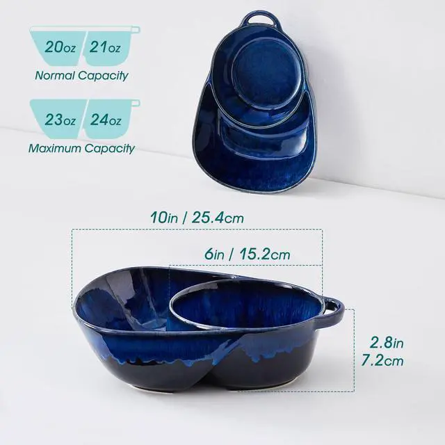 Alt view image 2 of 7 - Starry Chip and Dip Bowl, Anti-Soggy Cereal Bowl, Soup and Sandwich Plate Combo, Breakfast Powls, Divided Snack Bowls Gifts for Wedding Housewarming Party, 2 Pack(Blue)