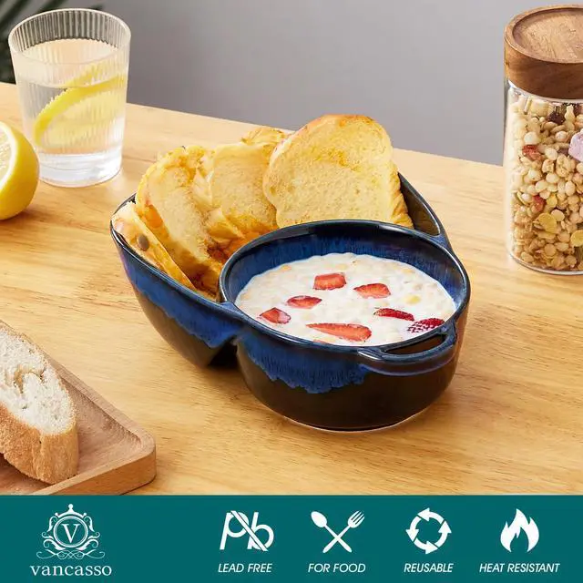 Alt view image 3 of 7 - Starry Chip and Dip Bowl, Anti-Soggy Cereal Bowl, Soup and Sandwich Plate Combo, Breakfast Powls, Divided Snack Bowls Gifts for Wedding Housewarming Party, 2 Pack(Blue)